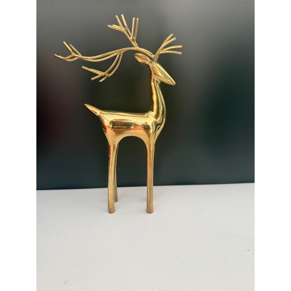 Vintage Solid Brass Reindeer Figurine Mid Century Modern Christmas Decor 9.25in
